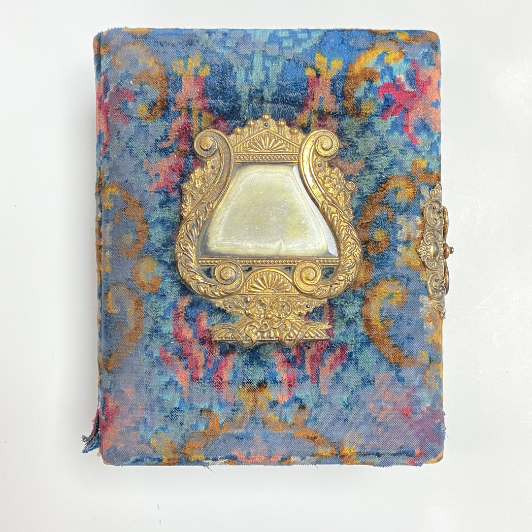 f499 Antique Victorian Velvet Photo Album Front Mirror Ornate Brass Musical Box