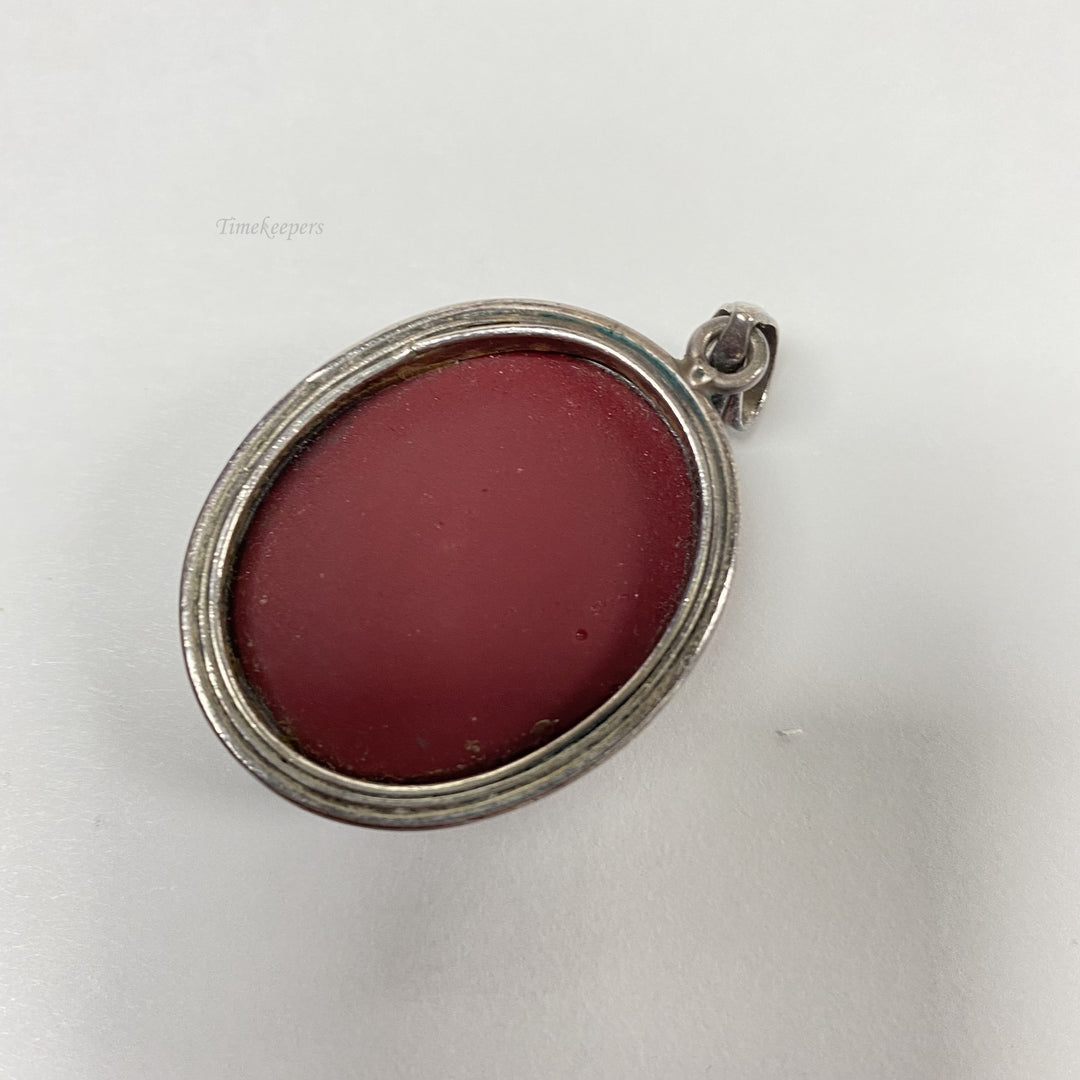 f514 Vintage Sterling Silver Large Oval Pendant with Red Genuine Stone