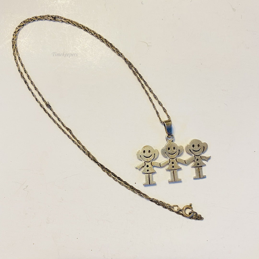 f586 Vintage Sterling Silver Chain Necklace 17" Adorable Triplets Girls Pendant