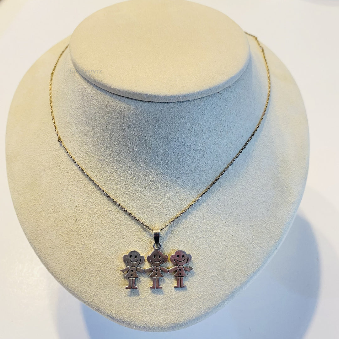 f586 Vintage Sterling Silver Chain Necklace 17" Adorable Triplets Girls Pendant