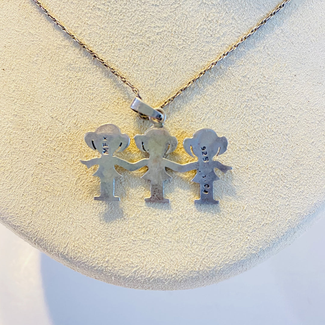 f586 Vintage Sterling Silver Chain Necklace 17" Adorable Triplets Girls Pendant
