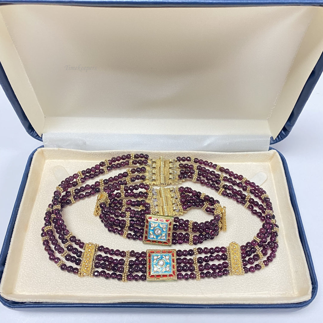 f734 Vintage Silver Vermail Bohemian Garnet Beaded Necklace Bracelet Combo Set