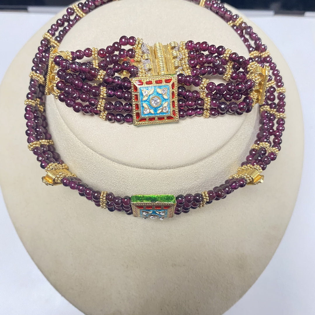 f734 Vintage Silver Vermail Bohemian Garnet Beaded Necklace Bracelet Combo Set