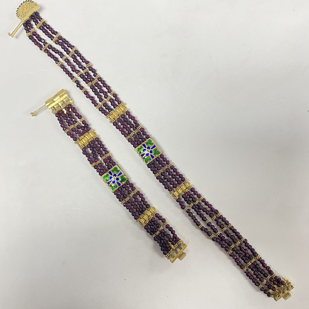 f734 Vintage Silver Vermail Bohemian Garnet Beaded Necklace Bracelet Combo Set