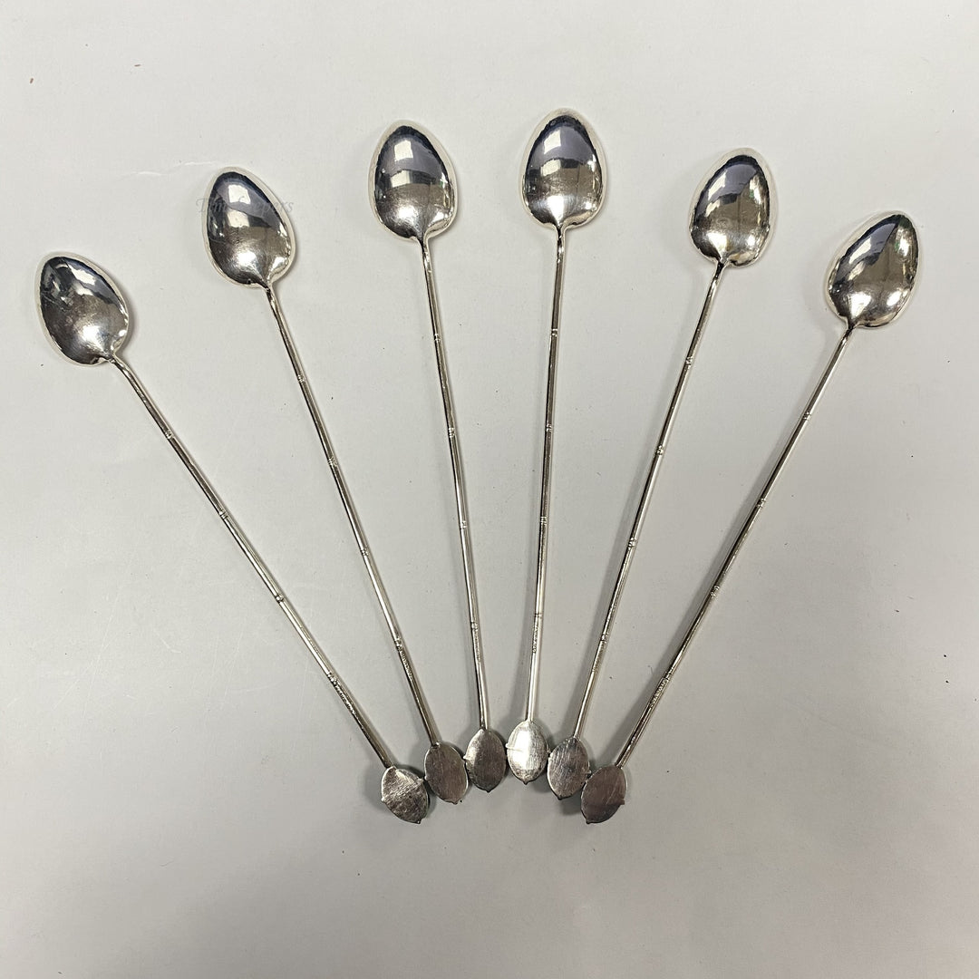 f737 Vintage 90% Silver 6 Cocktail Straw Spoons Jade Medallion Original Gift Box