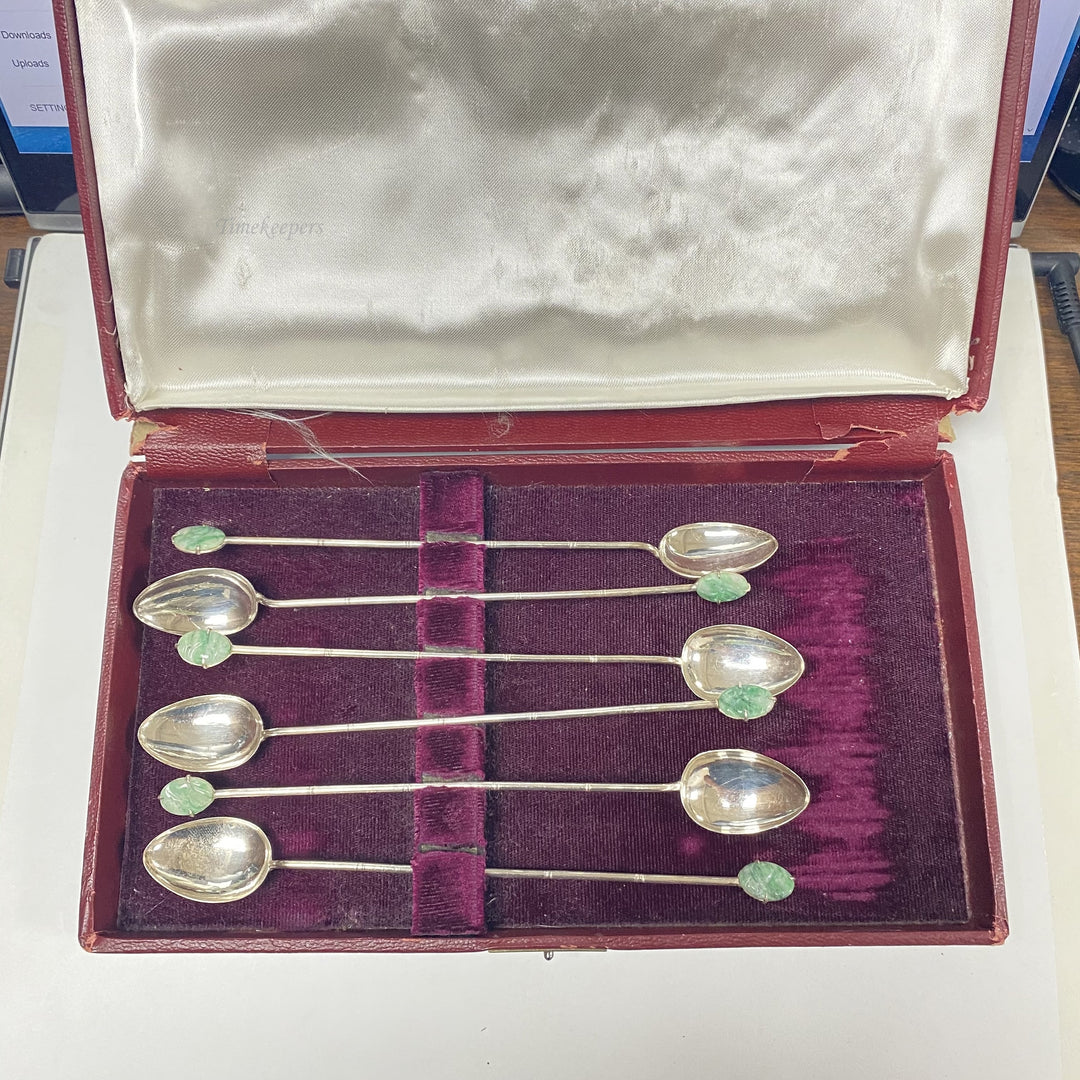 f737 Vintage 90% Silver 6 Cocktail Straw Spoons Jade Medallion Original Gift Box