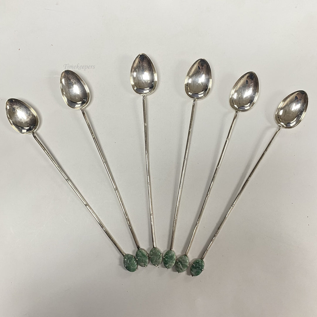 f737 Vintage 90% Silver 6 Cocktail Straw Spoons Jade Medallion Original Gift Box
