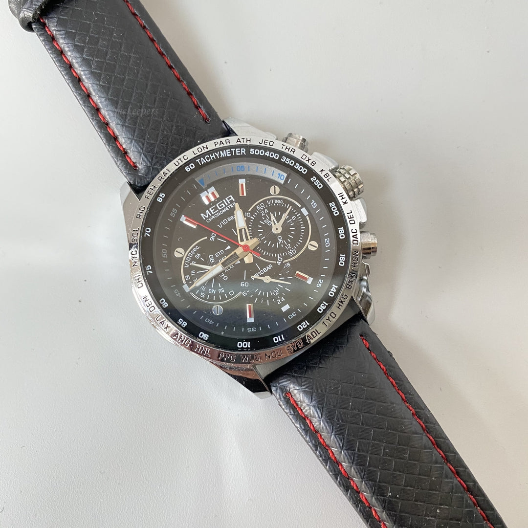 f818 Megir Chronometer Tachymeter Stainless Men's Wrist Watch