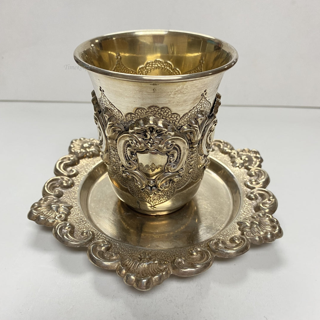 f931 Antique Hazorfim 925 Sterling Silver Israel Carved Wine Cup Plate Set of 2