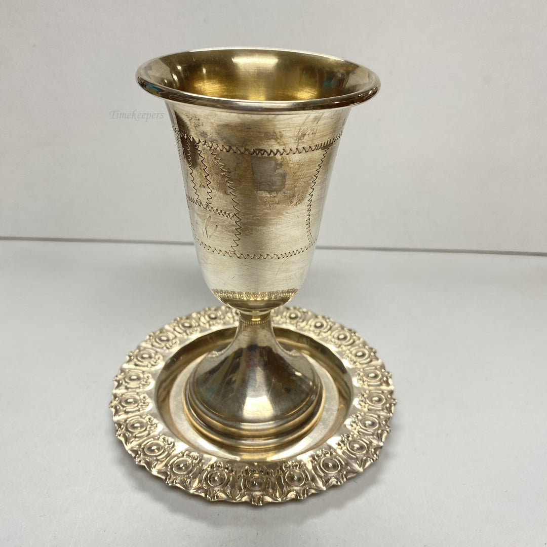 f932 Antique Hazorfim 925 Sterling Silver Kiddush Wine Goblet Cup Saucer Set of2