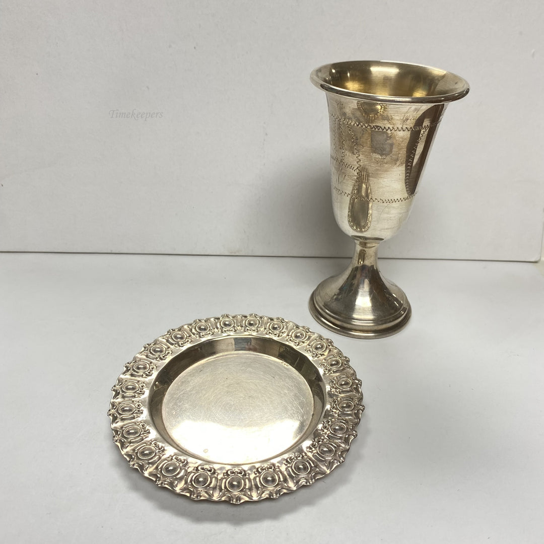 f932 Antique Hazorfim 925 Sterling Silver Kiddush Wine Goblet Cup Saucer Set of2