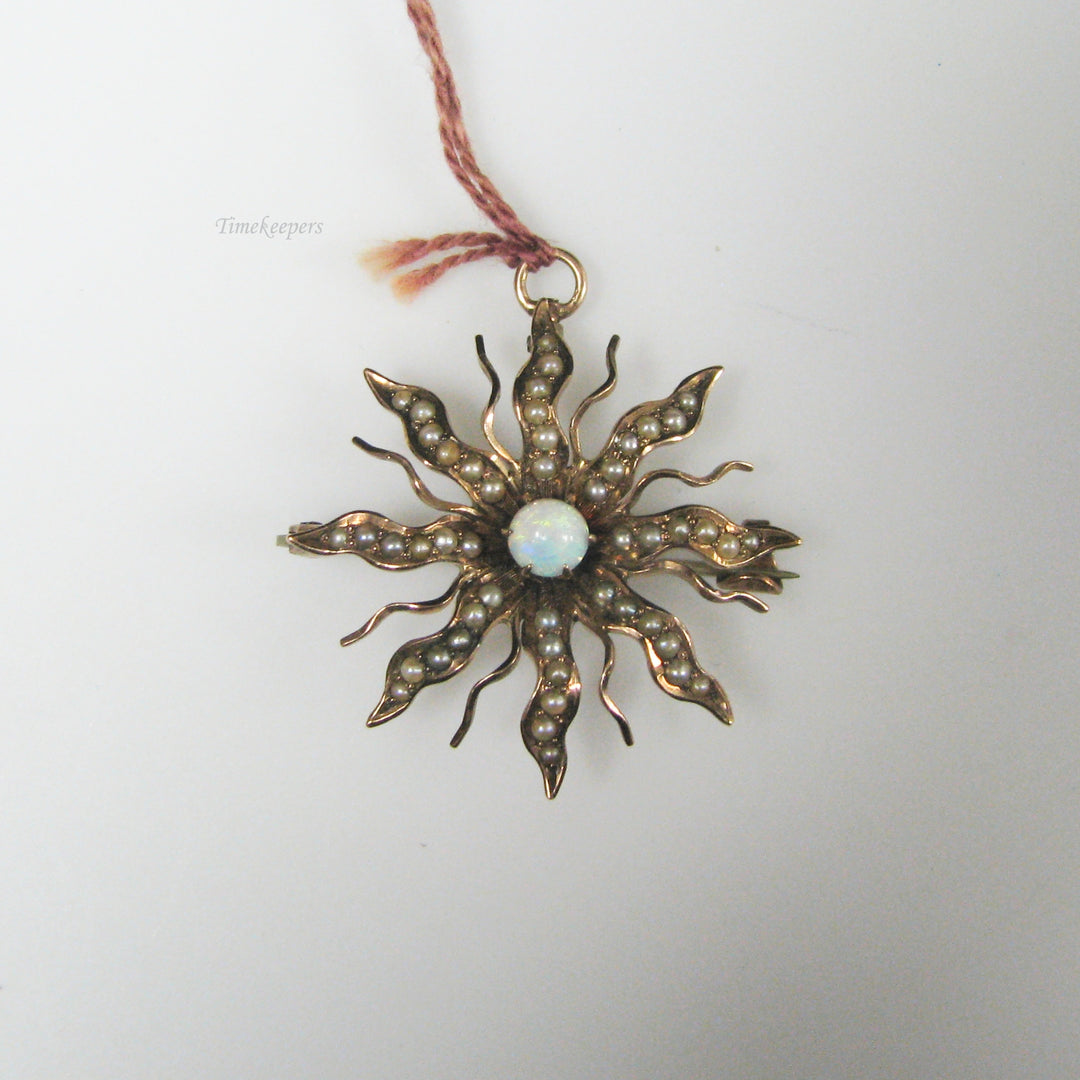 g027 Elegant 9k Yellow Gold Opal &amp; Seed Pearl Flower Pendant