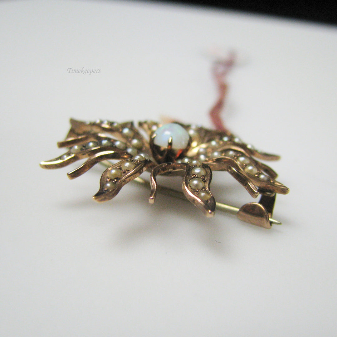 g027 Elegant 9k Yellow Gold Opal &amp; Seed Pearl Flower Pendant