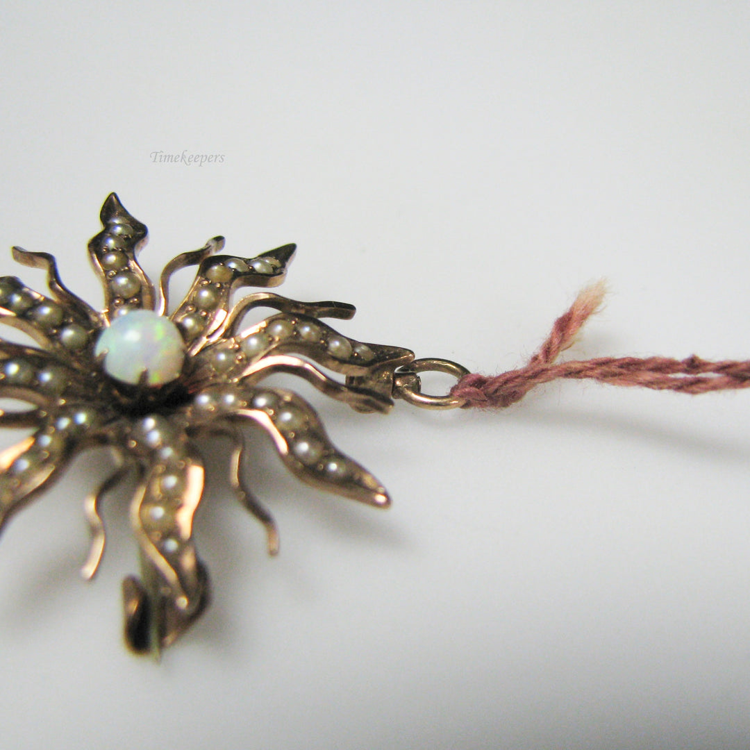 g027 Elegant 9k Yellow Gold Opal &amp; Seed Pearl Flower Pendant