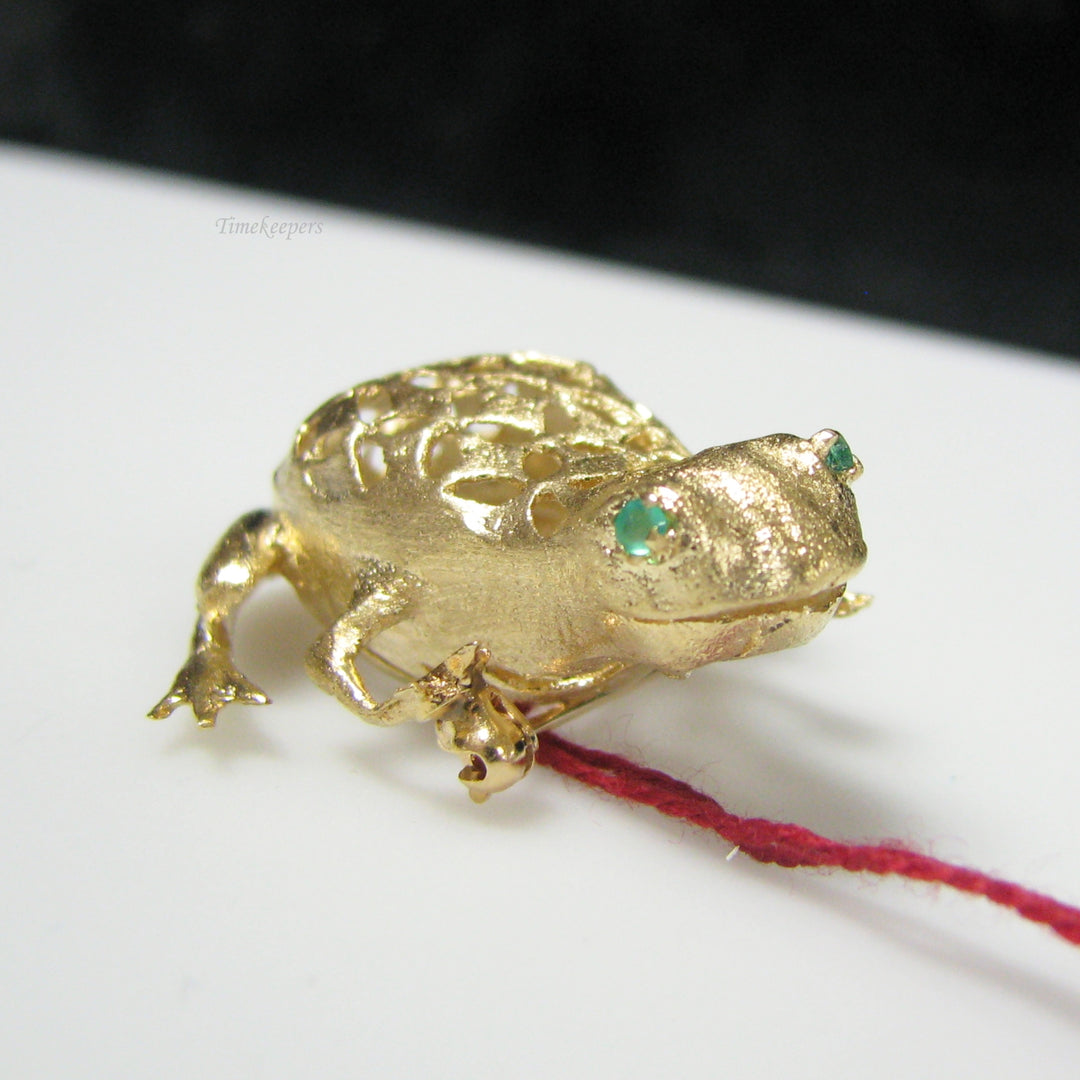 g030 Unique 14k Yellow Gold Emerald Frog Brooch / Pin