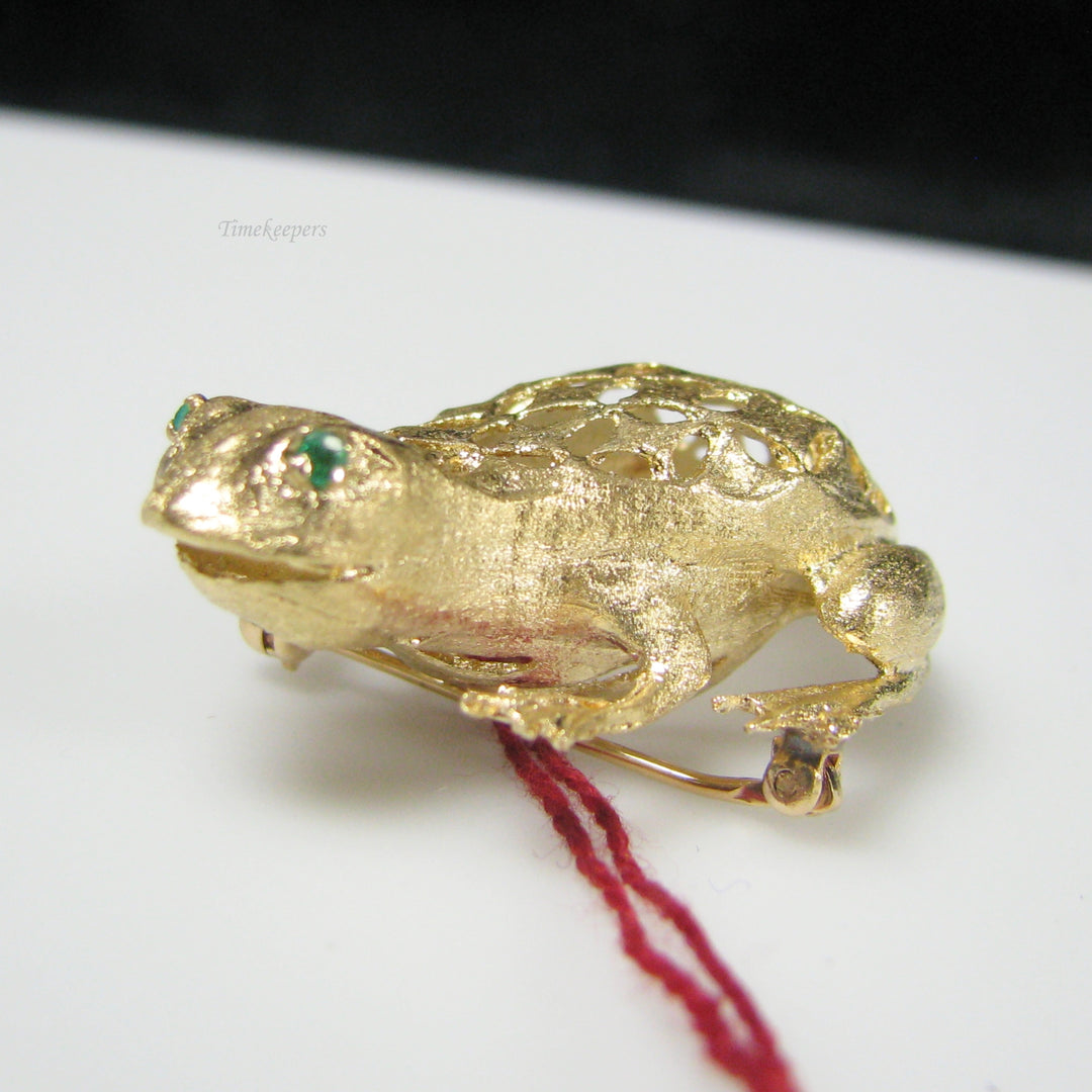 g030 Unique 14k Yellow Gold Emerald Frog Brooch / Pin