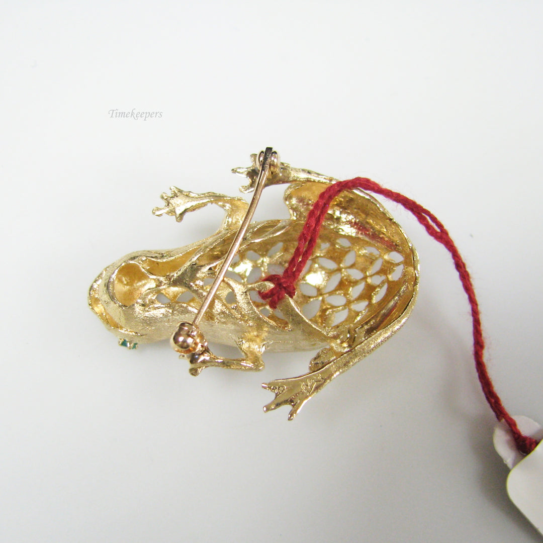 g030 Unique 14k Yellow Gold Emerald Frog Brooch / Pin