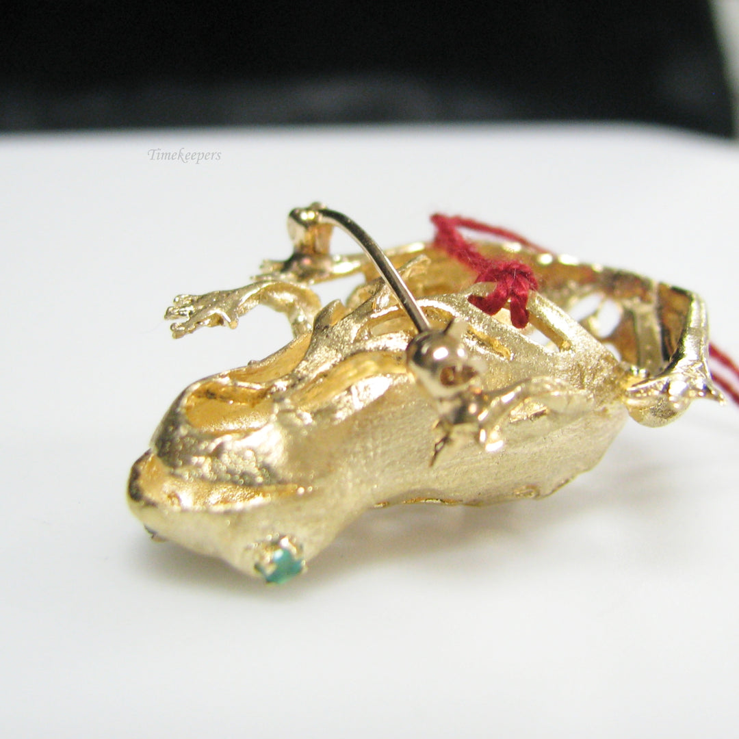 g030 Unique 14k Yellow Gold Emerald Frog Brooch / Pin