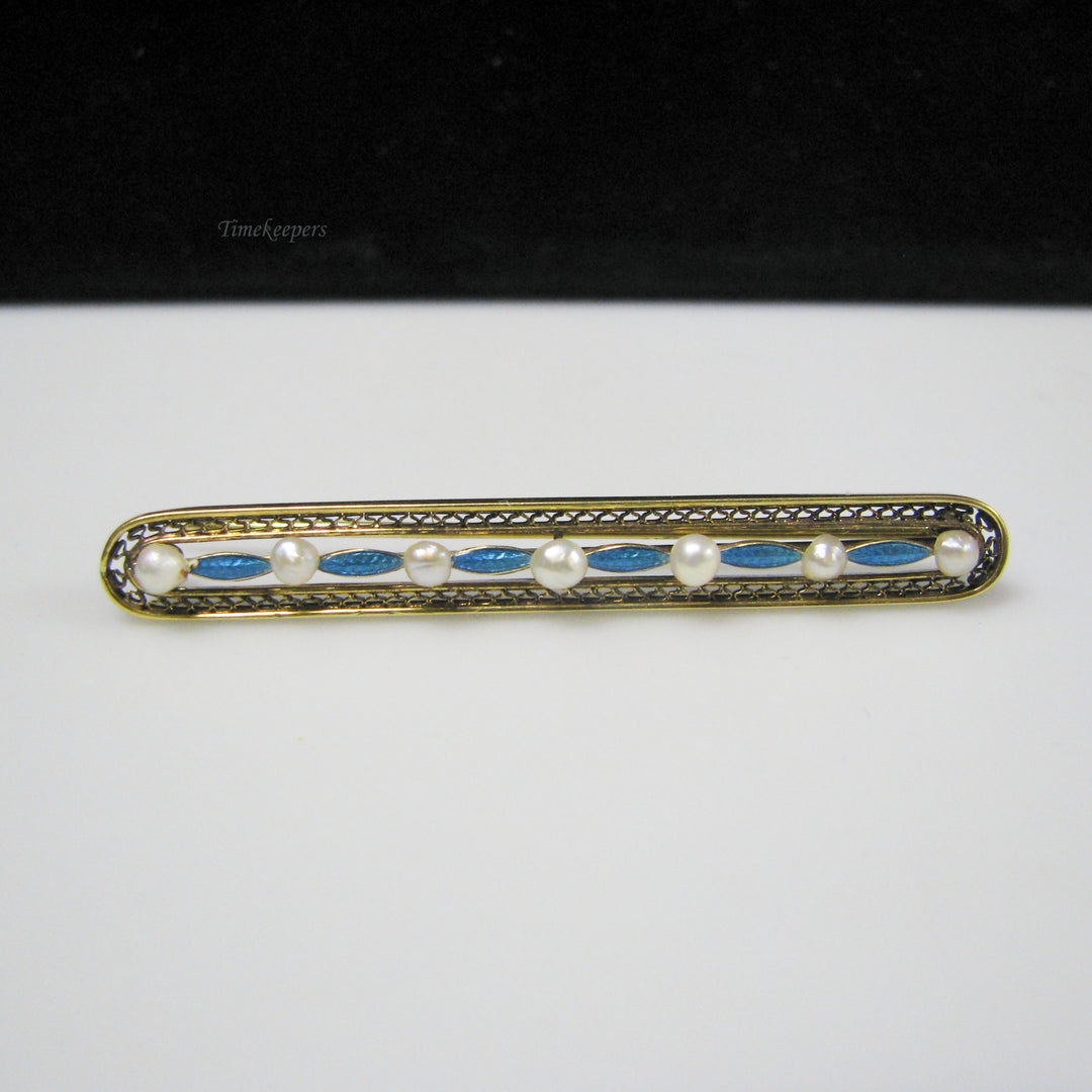 g039 Charming 14k Yellow Gold Enamel Pearl Brooch / Pin
