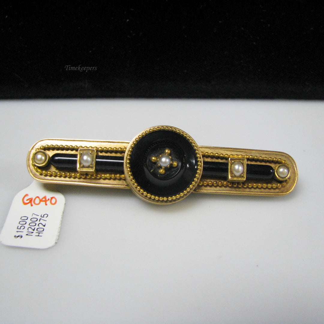 g040 Beautiful 14k Yellow Gold Onyx &amp; Pearl Brooch / Pin