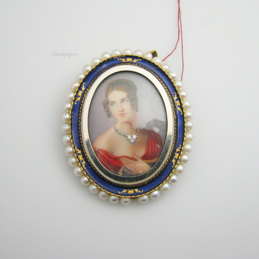 g045 Beautiful 18k Yellow Gold Porcelain Enamel Pearl &amp; Diamond Brooch / Pin