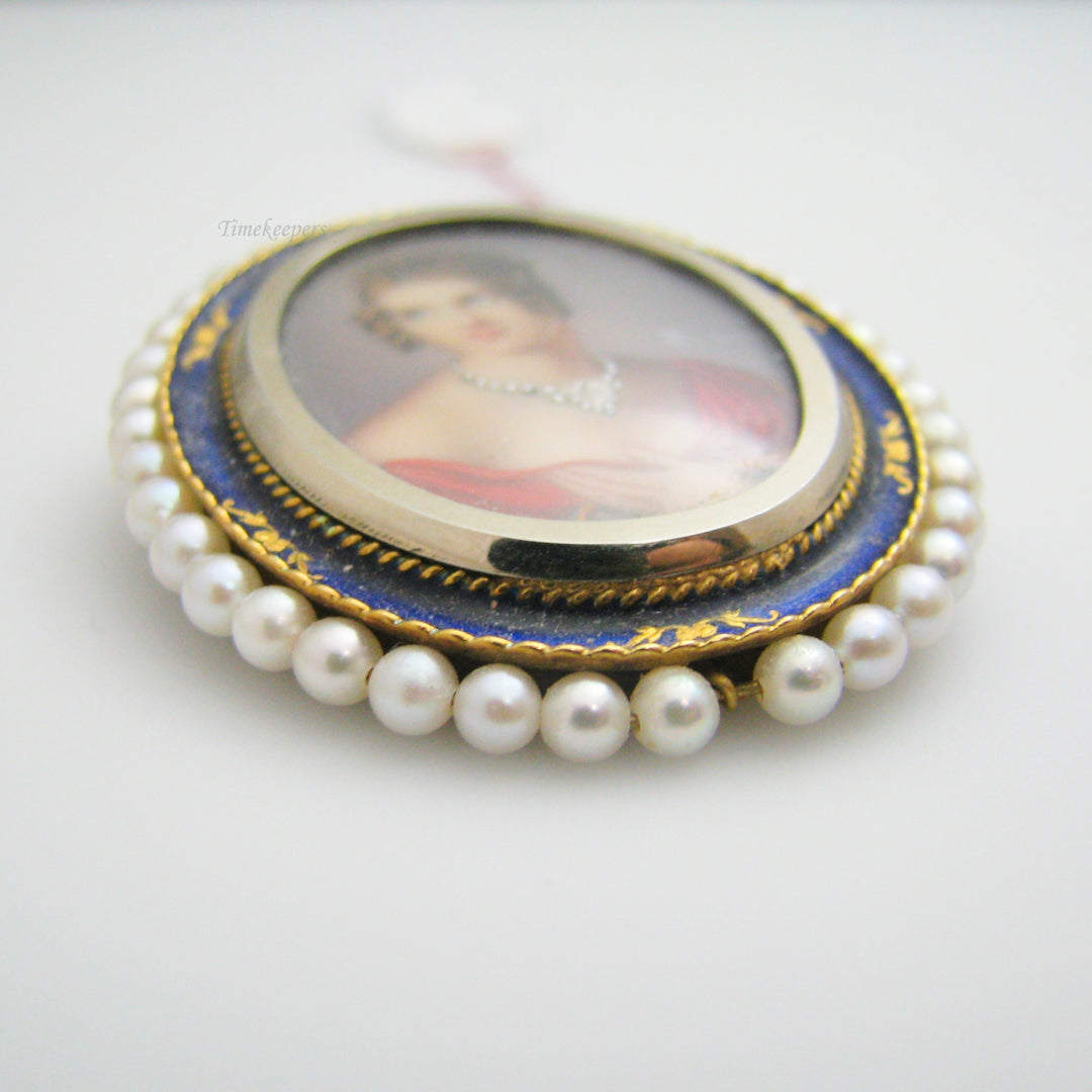 g045 Beautiful 18k Yellow Gold Porcelain Enamel Pearl &amp; Diamond Brooch / Pin