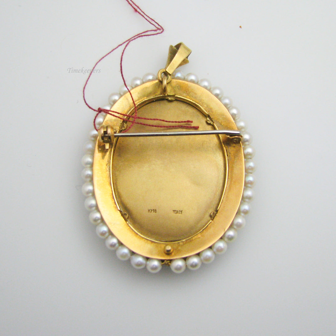 g045 Beautiful 18k Yellow Gold Porcelain Enamel Pearl &amp; Diamond Brooch / Pin