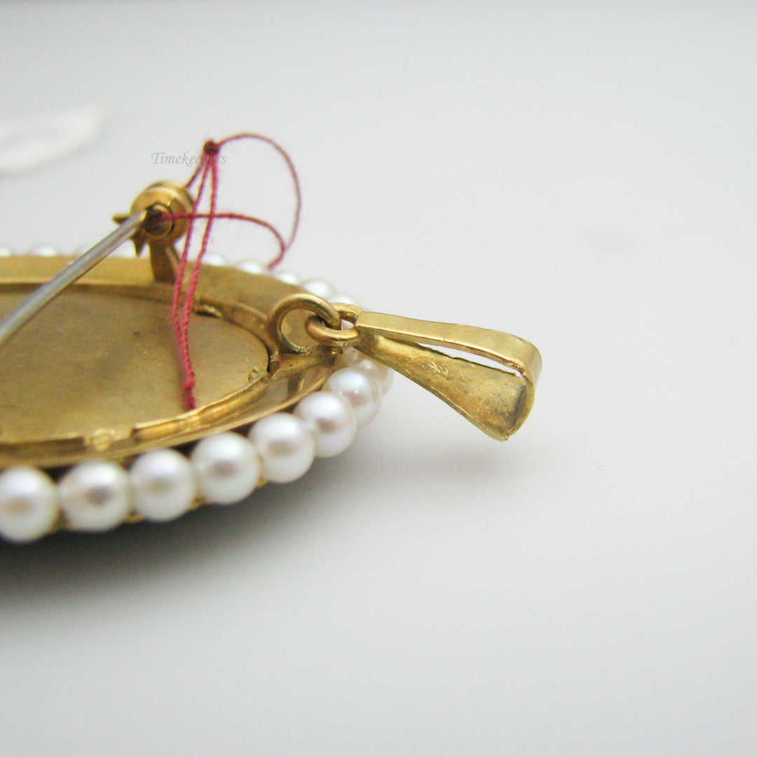 g045 Beautiful 18k Yellow Gold Porcelain Enamel Pearl &amp; Diamond Brooch / Pin