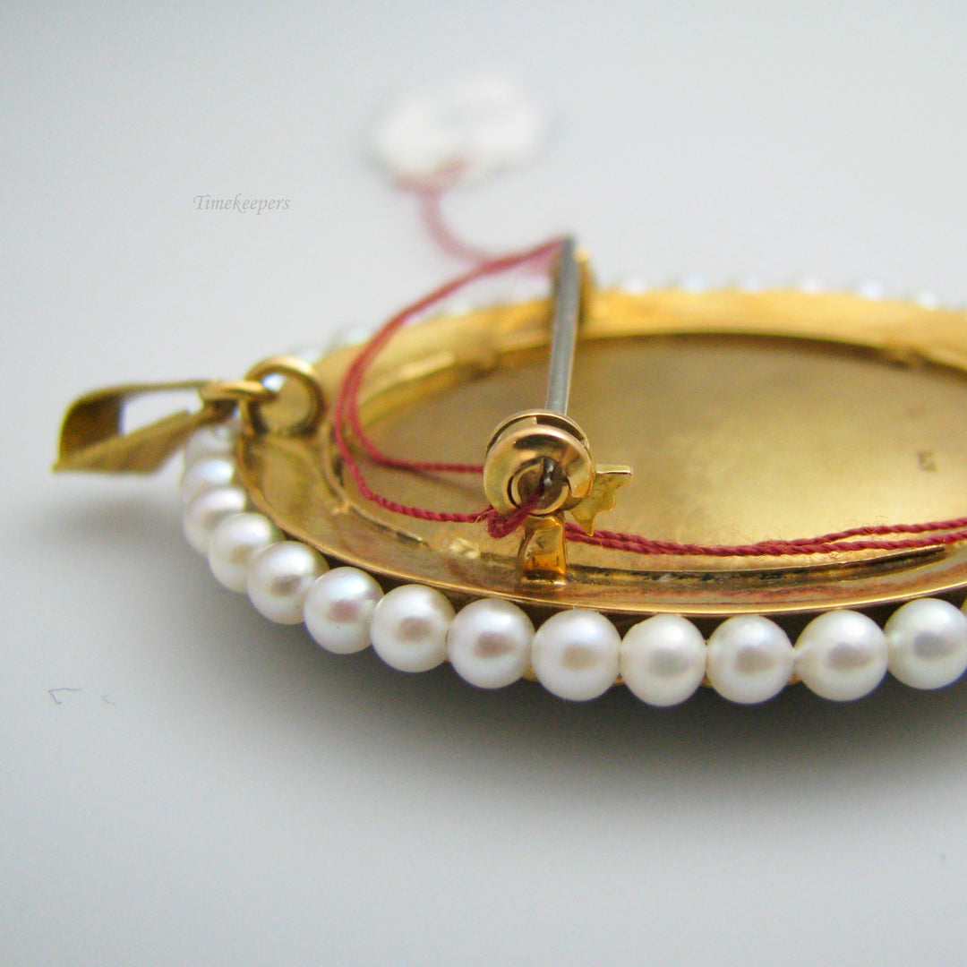 g045 Beautiful 18k Yellow Gold Porcelain Enamel Pearl &amp; Diamond Brooch / Pin