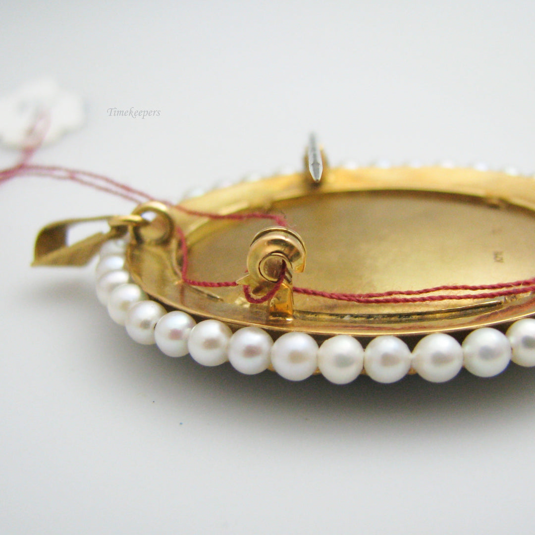 g045 Beautiful 18k Yellow Gold Porcelain Enamel Pearl &amp; Diamond Brooch / Pin