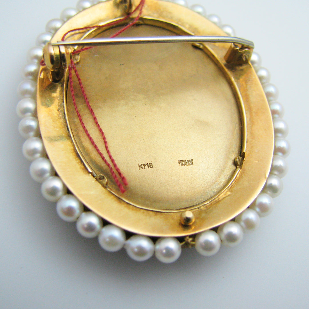 g045 Beautiful 18k Yellow Gold Porcelain Enamel Pearl &amp; Diamond Brooch / Pin