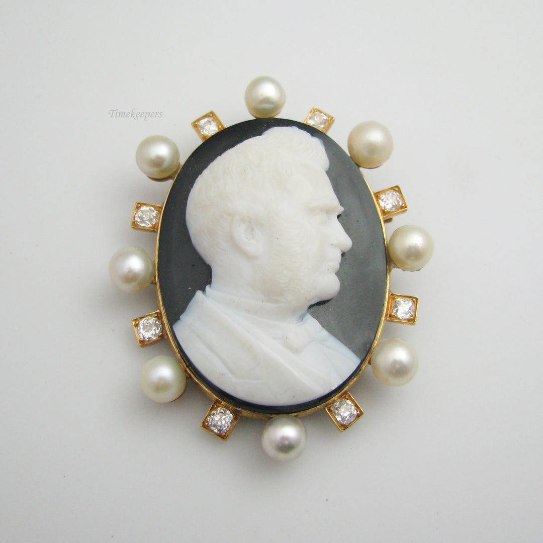 g052 Antique 10k Rose Gold Cameo Pearl &amp; Diamond Brooch