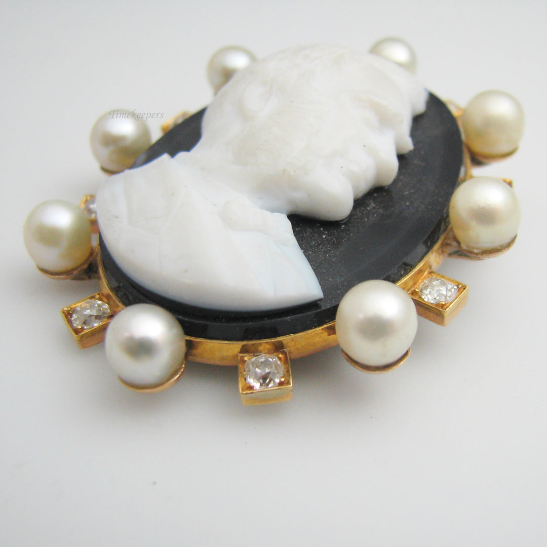 g052 Antique 10k Rose Gold Cameo Pearl &amp; Diamond Brooch
