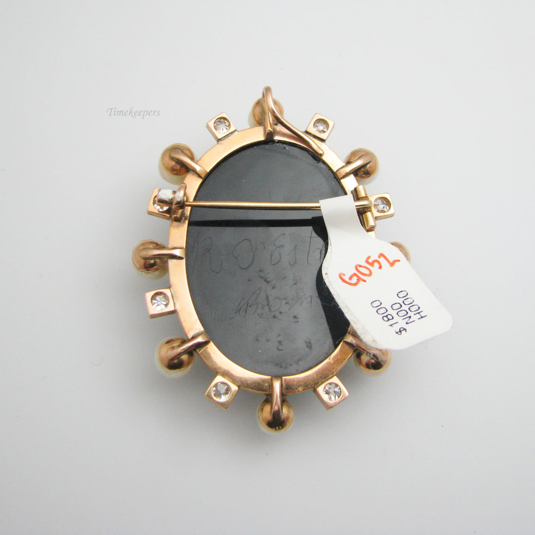 g052 Antique 10k Rose Gold Cameo Pearl &amp; Diamond Brooch