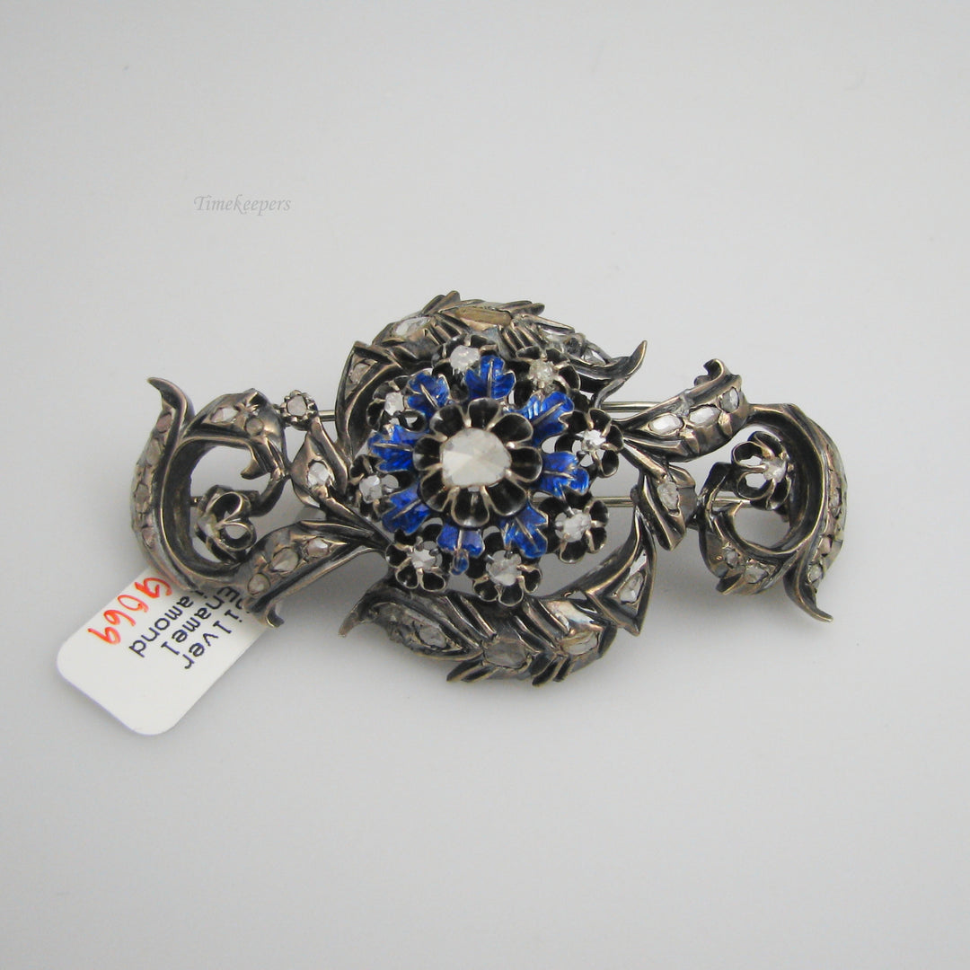 g069 Antique Georgian Sterling Silver Enamel Diamond Brooch