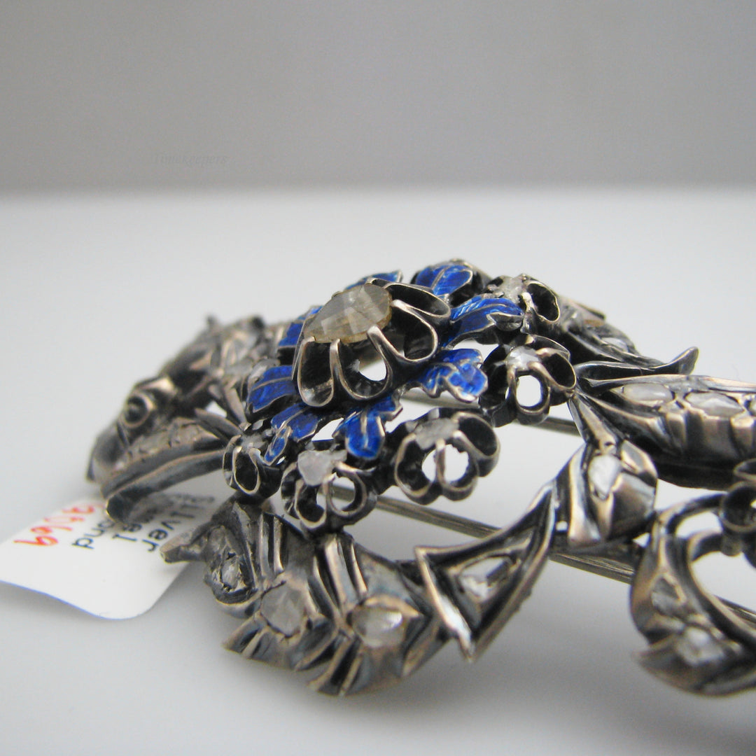 g069 Antique Georgian Sterling Silver Enamel Diamond Brooch