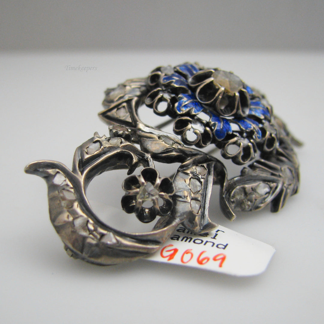 g069 Antique Georgian Sterling Silver Enamel Diamond Brooch