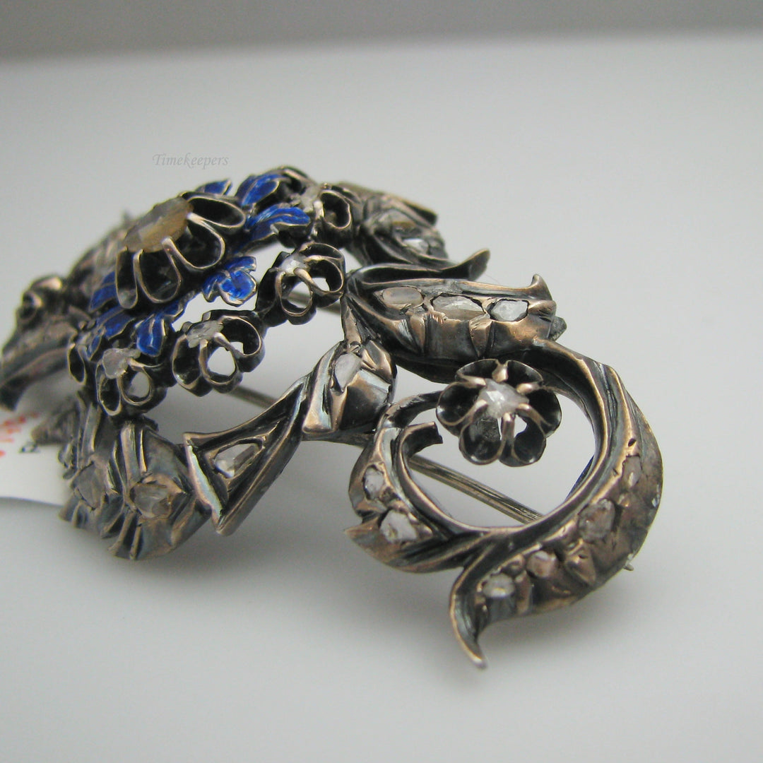 g069 Antique Georgian Sterling Silver Enamel Diamond Brooch