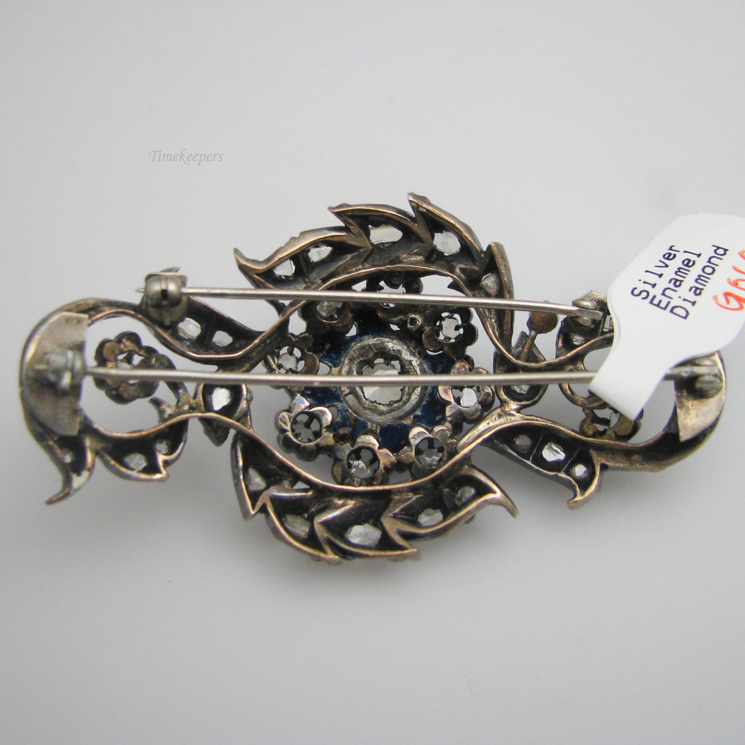 g069 Antique Georgian Sterling Silver Enamel Diamond Brooch