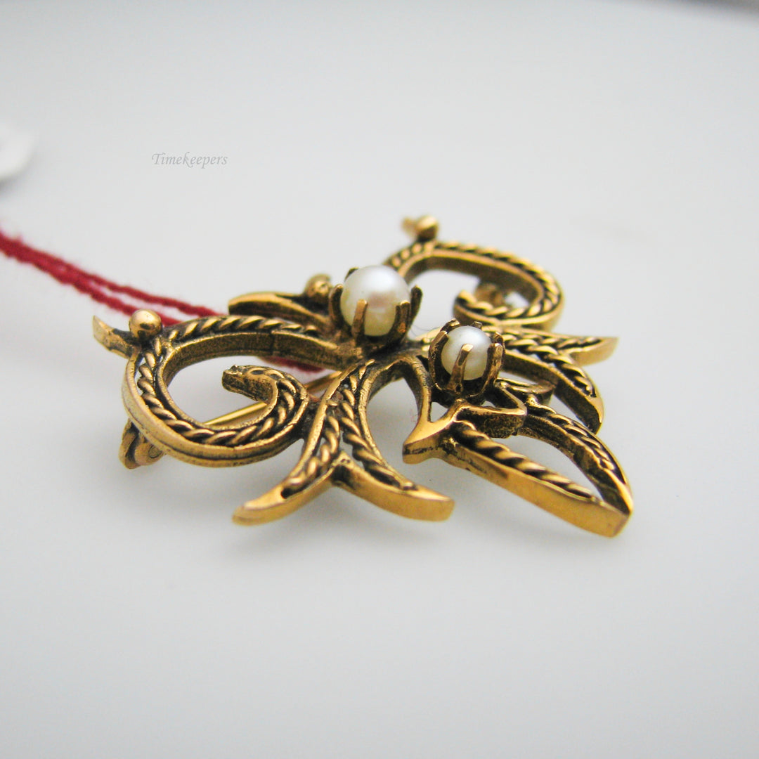 g072 Elegant 14k Yellow Gold Pearl Pendant Brooch