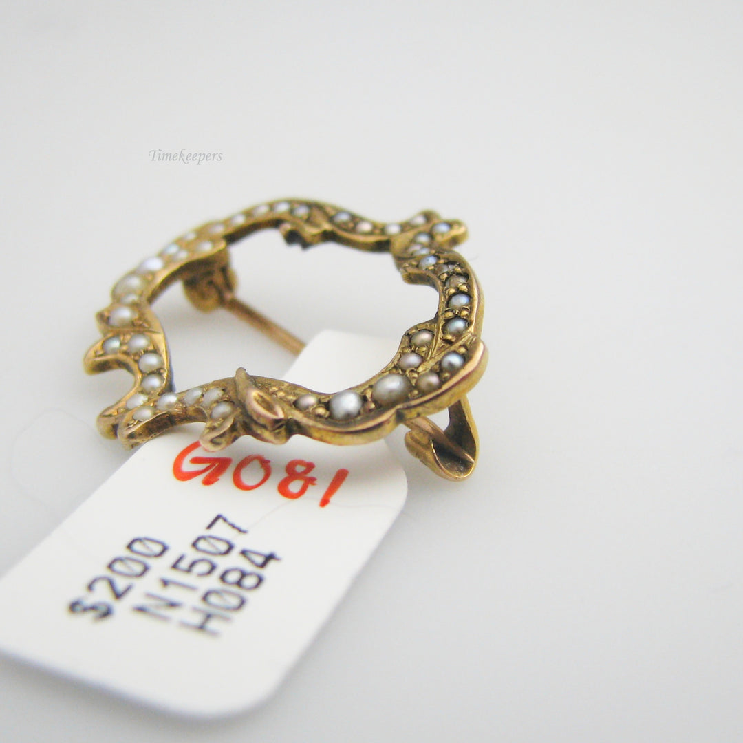 g081 Elegant 10k Yellow Gold Seed Pearl Pin / Brooch