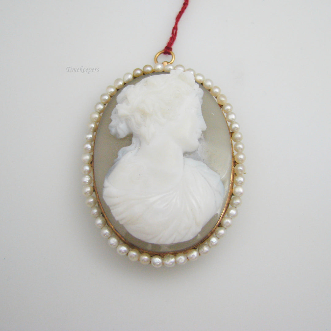 g087 Beautiful 14k Yellow Gold Pearl Cameo Brooch
