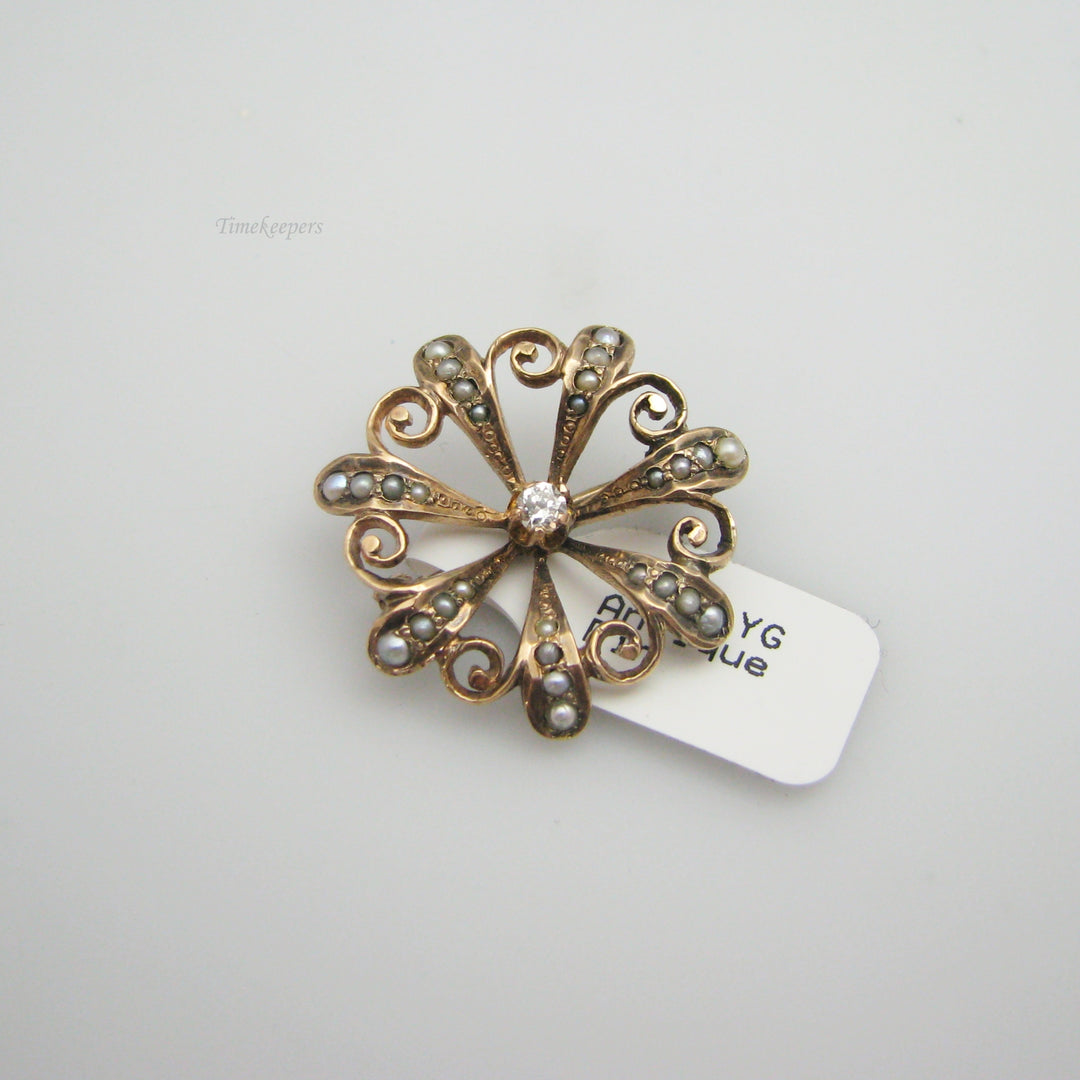 g089 14k Yellow Gold Flower Seed Pearl &amp; Diamond Pin / Brooch