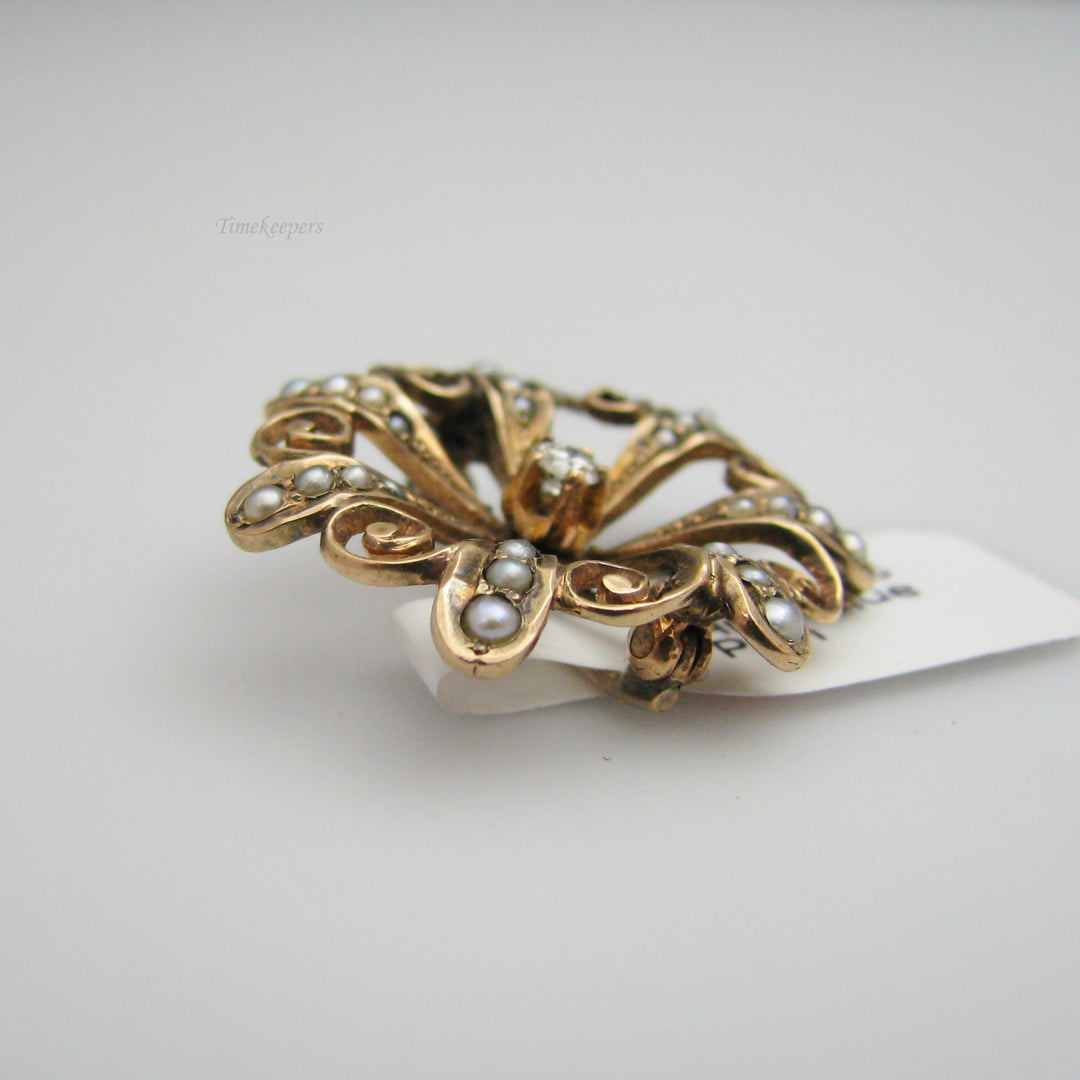 g089 14k Yellow Gold Flower Seed Pearl &amp; Diamond Pin / Brooch