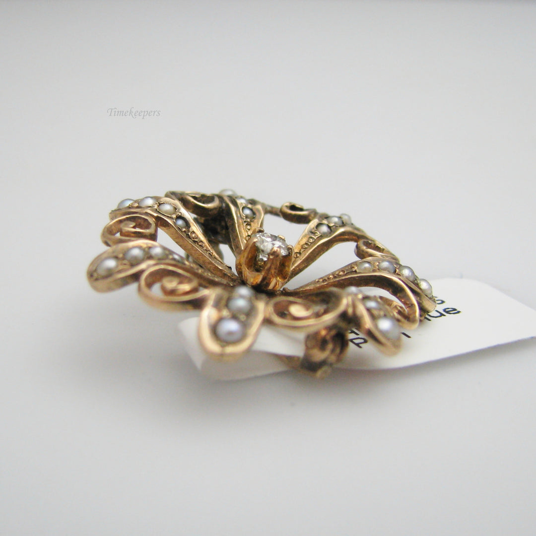 g089 14k Yellow Gold Flower Seed Pearl &amp; Diamond Pin / Brooch