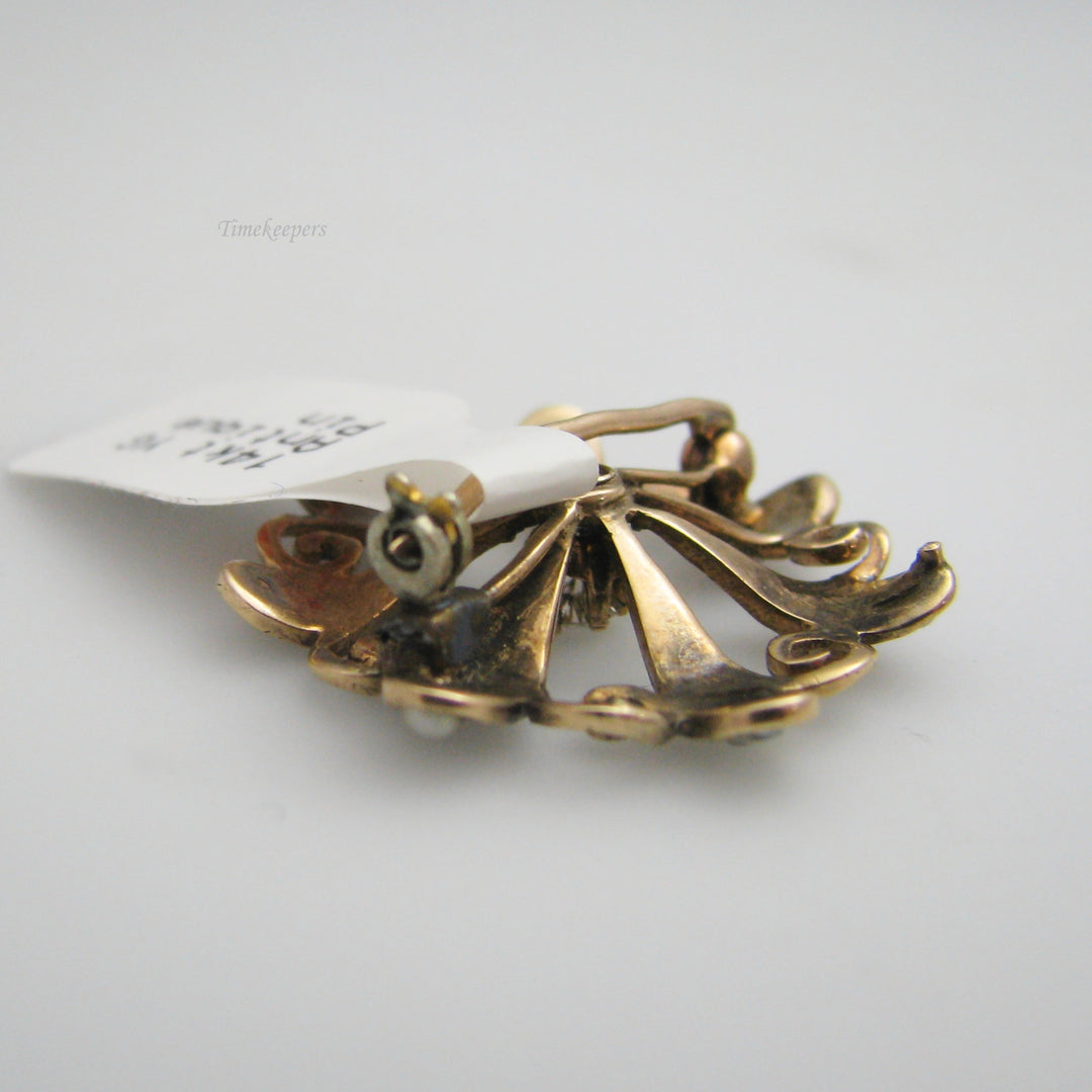 g089 14k Yellow Gold Flower Seed Pearl &amp; Diamond Pin / Brooch