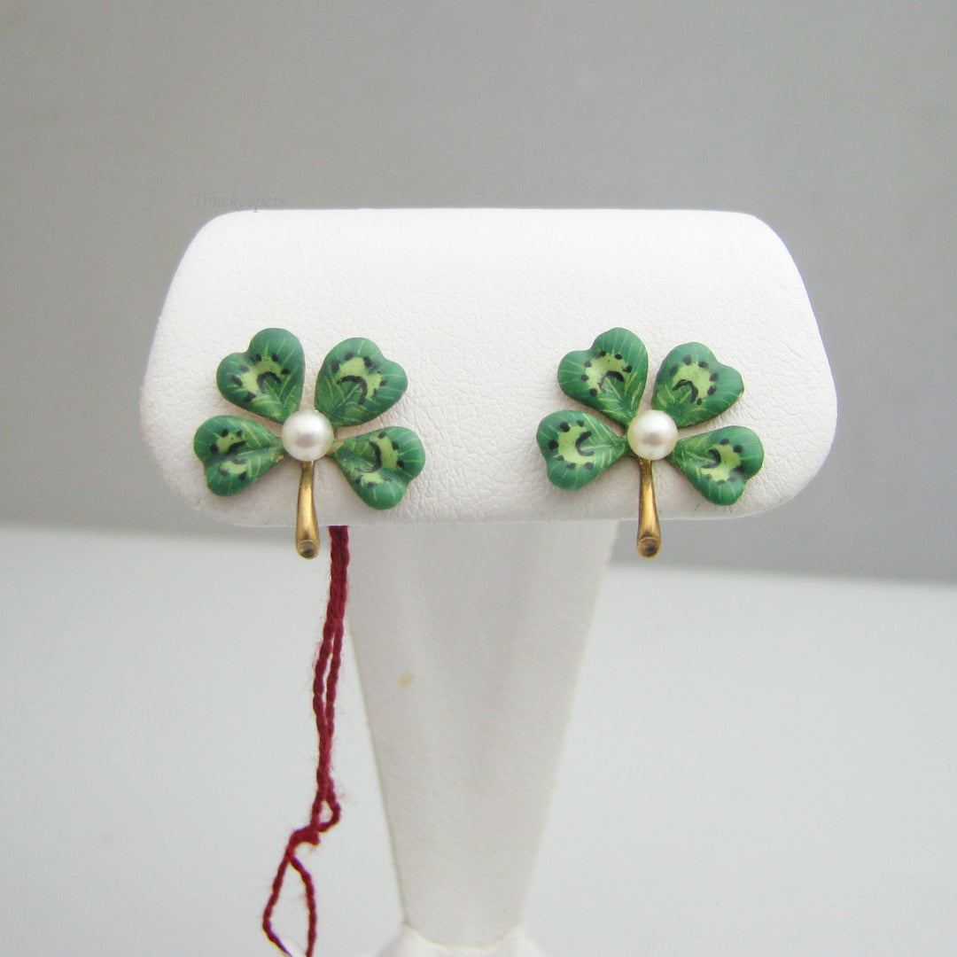 g094 14k Yellow Gold Clover Pearl Diamond Earring &amp; Pin Set