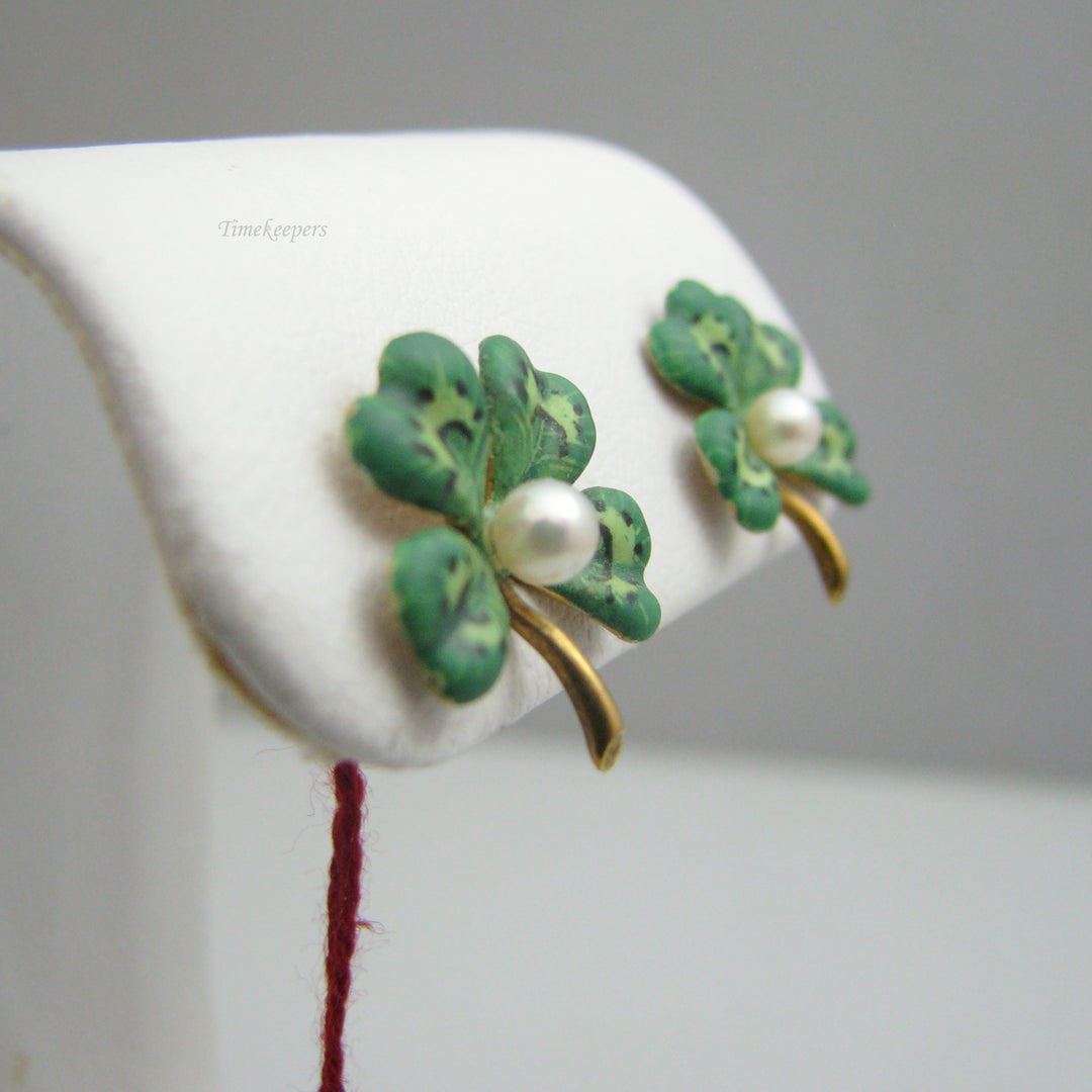 g094 14k Yellow Gold Clover Pearl Diamond Earring &amp; Pin Set