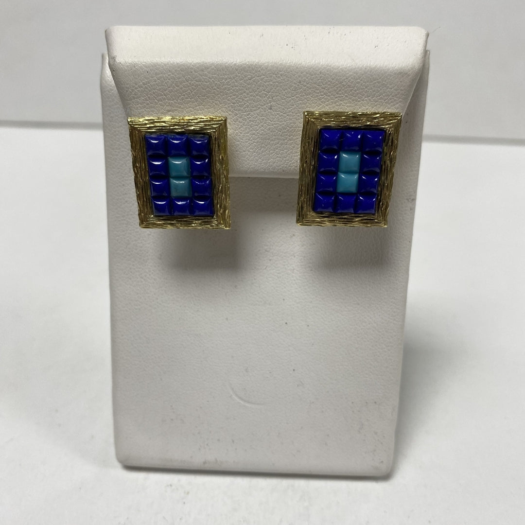 m060 Vintage Elegant 14K Yellow Gold Lapis Turquoise Earrings