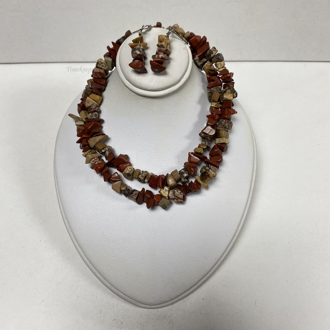 m064 Vintage Agate Sterling Silver Necklace 19" Long Necklace & Earrings Set